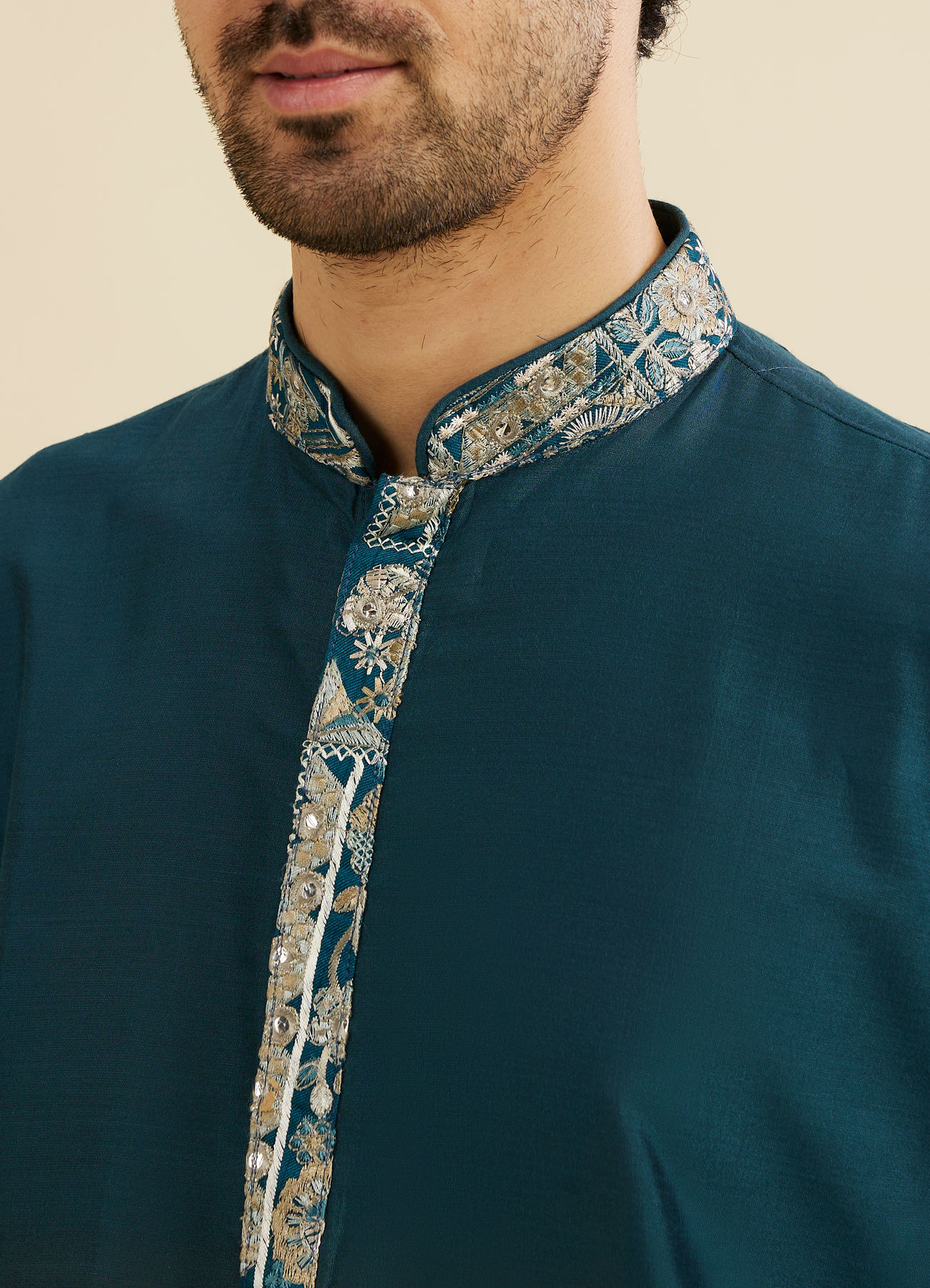 Manyavar Men Crystal Teal Blue Embroidered Neckline Kurta Set