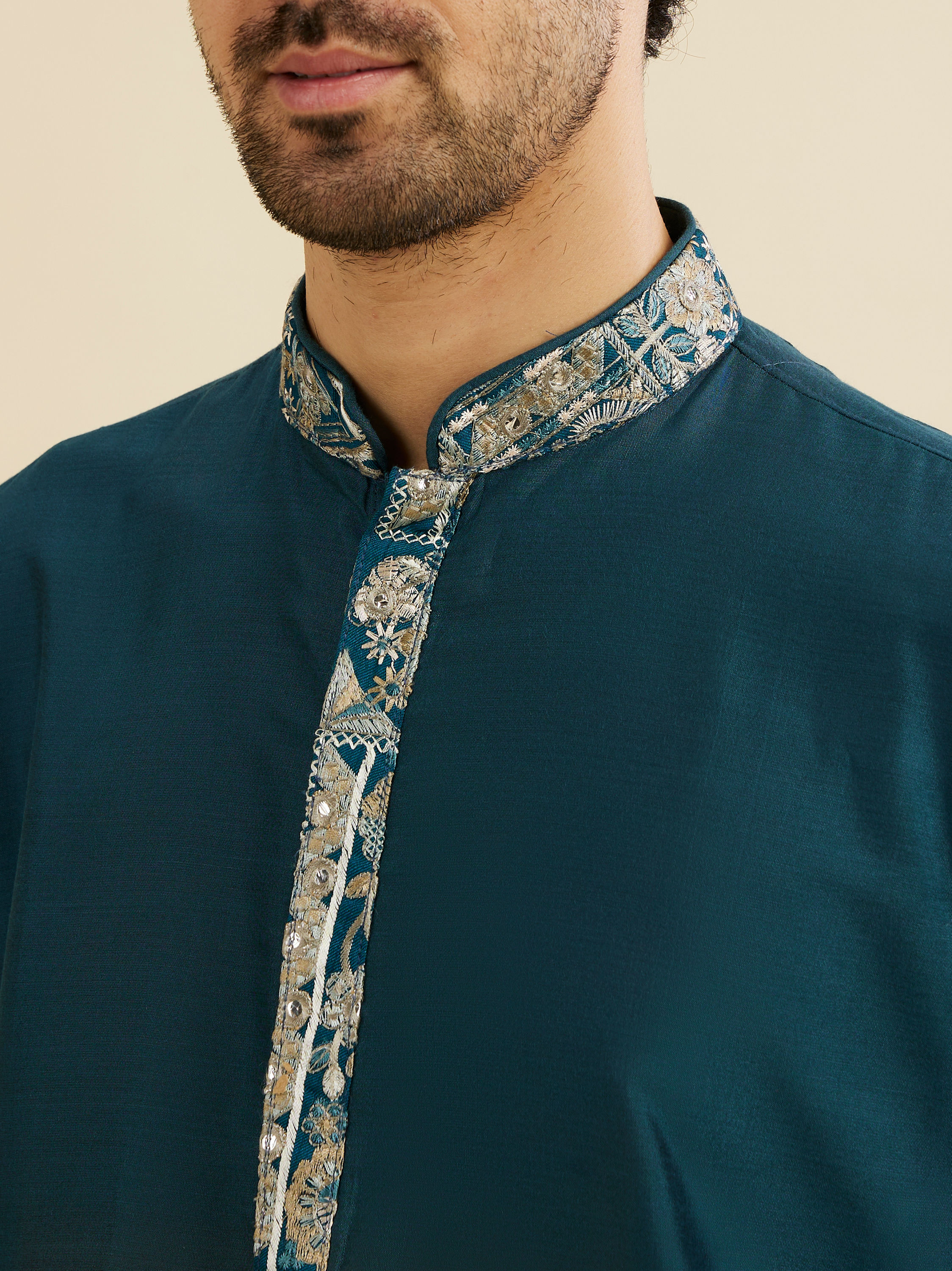 Manyavar Men Crystal Teal Blue Embroidered Neckline Kurta Set