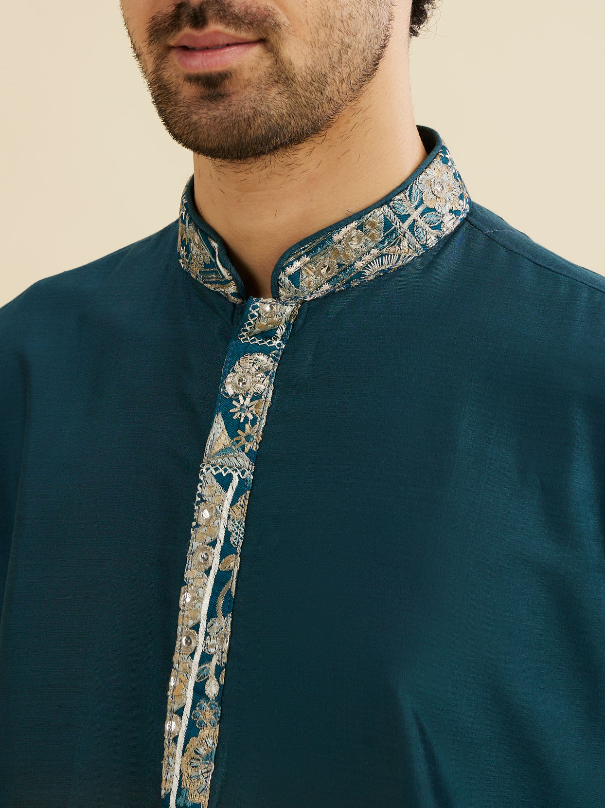 Manyavar Men Crystal Teal Blue Embroidered Neckline Kurta Set