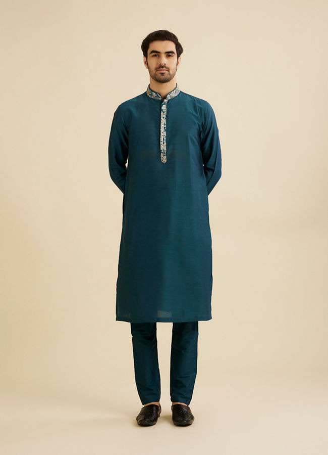 Manyavar Men Crystal Teal Blue Embroidered Neckline Kurta Set