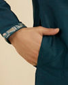 Manyavar Men Crystal Teal Blue Embroidered Neckline Kurta Set