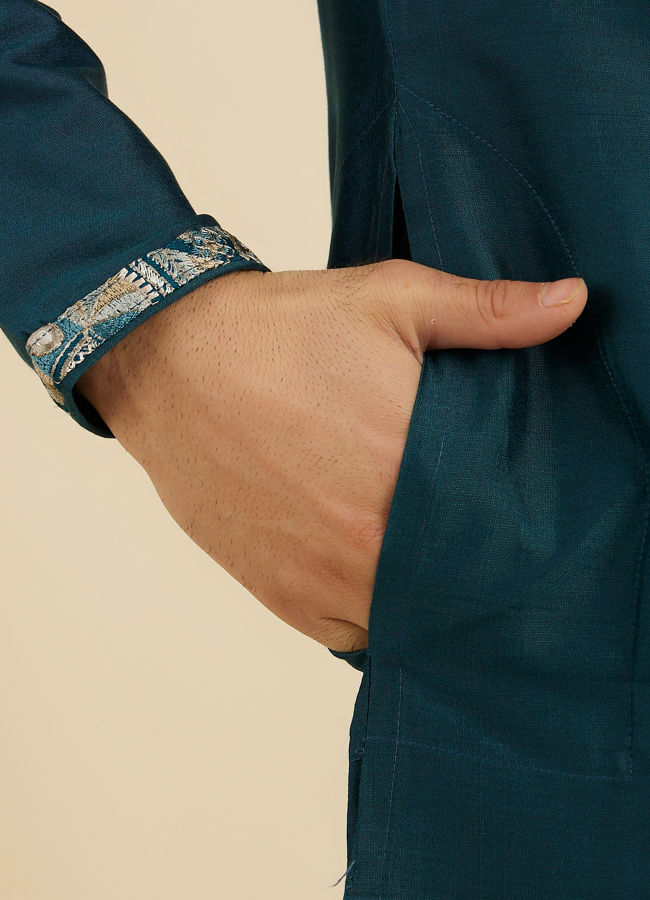 Manyavar Men Crystal Teal Blue Embroidered Neckline Kurta Set