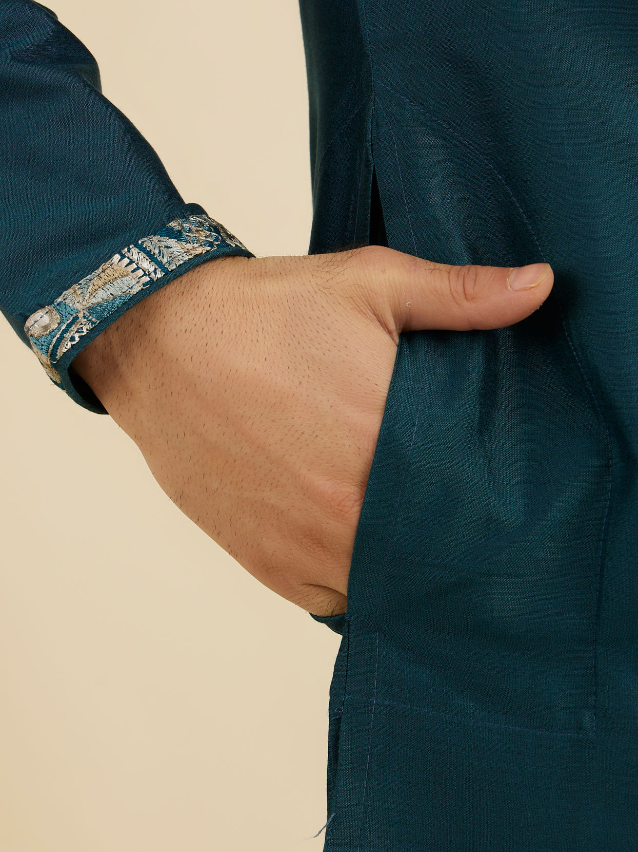 Manyavar Men Crystal Teal Blue Embroidered Neckline Kurta Set