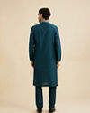 Manyavar Men Crystal Teal Blue Embroidered Neckline Kurta Set