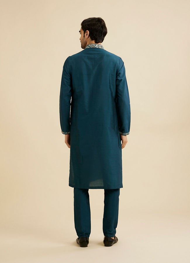 Manyavar Men Crystal Teal Blue Embroidered Neckline Kurta Set