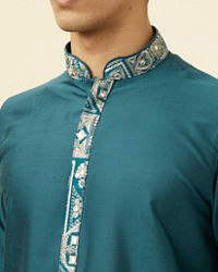 Manyavar Men Crystal Teal Blue Embroidered Neckline Kurta Set