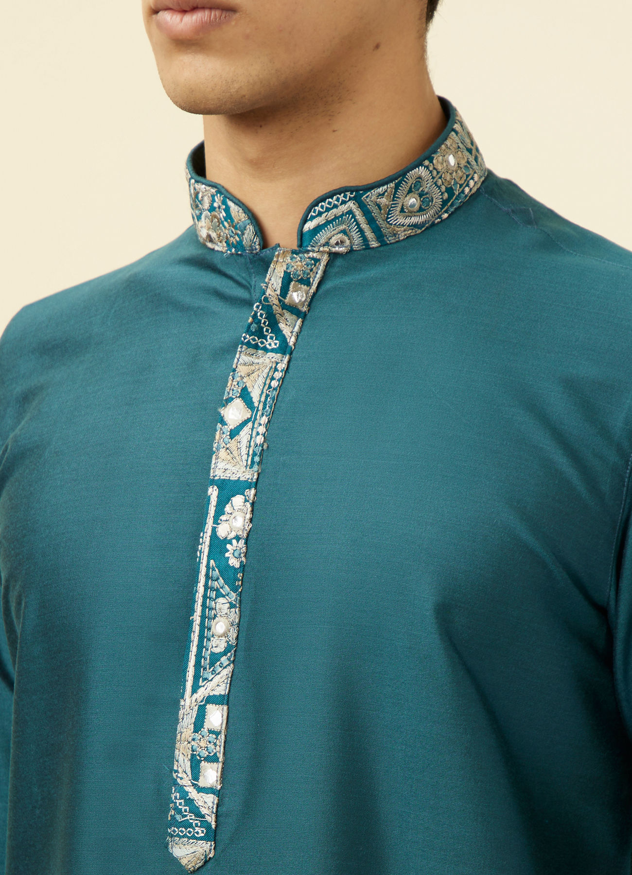 Manyavar Men Crystal Teal Blue Embroidered Neckline Kurta Set