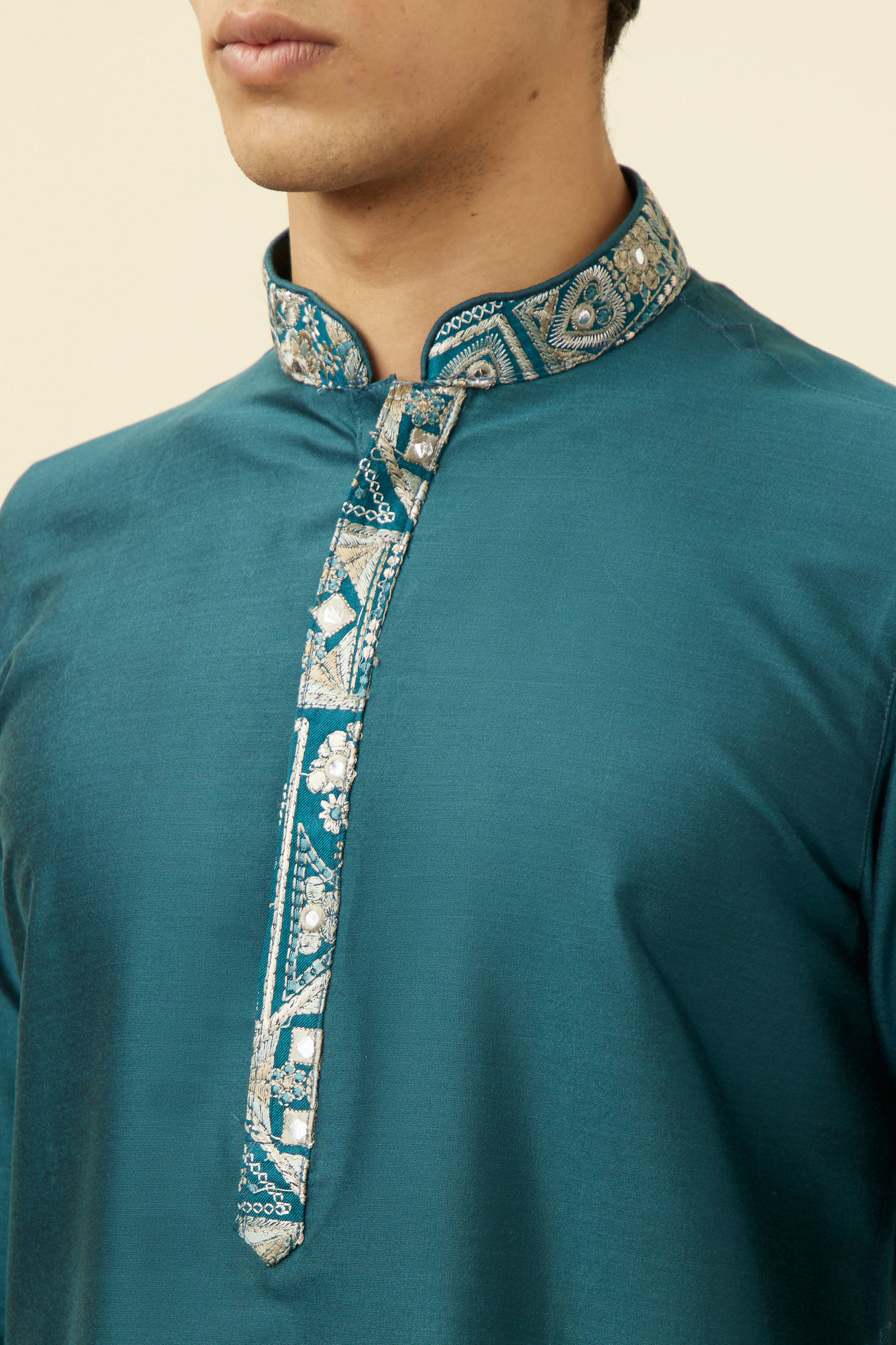 Manyavar Men Crystal Teal Blue Embroidered Neckline Kurta Set