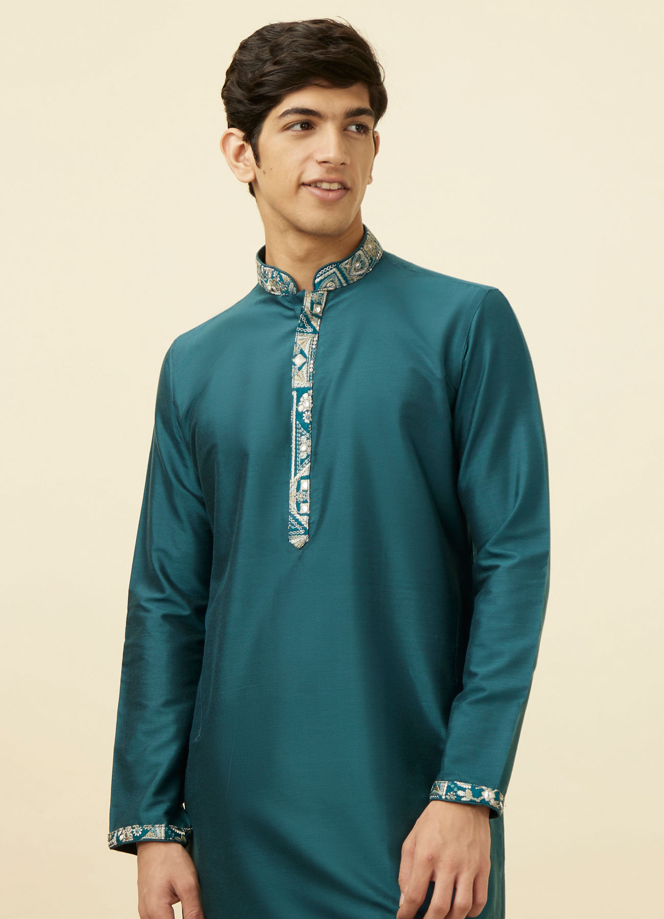 Manyavar Men Crystal Teal Blue Embroidered Neckline Kurta Set