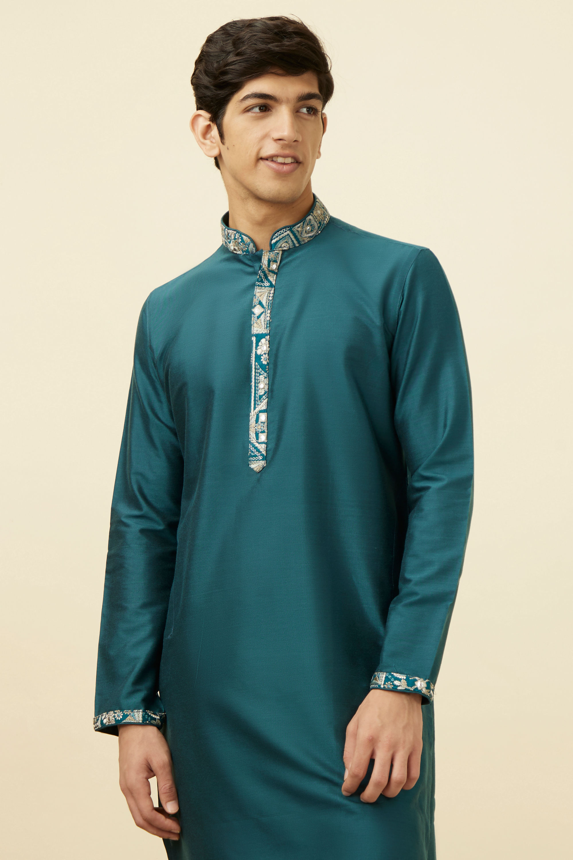 Manyavar Men Crystal Teal Blue Embroidered Neckline Kurta Set