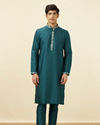 Manyavar Men Crystal Teal Blue Embroidered Neckline Kurta Set