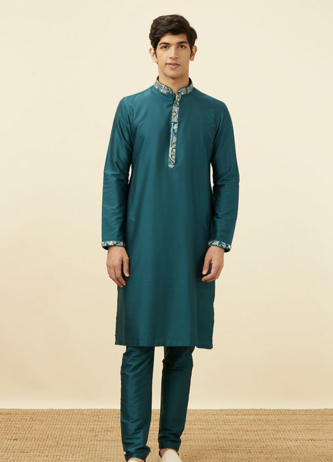 Manyavar Men Crystal Teal Blue Embroidered Neckline Kurta Set