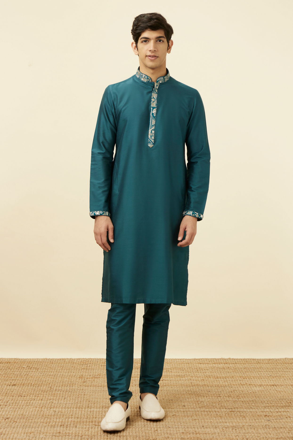 Manyavar Men Crystal Teal Blue Embroidered Neckline Kurta Set