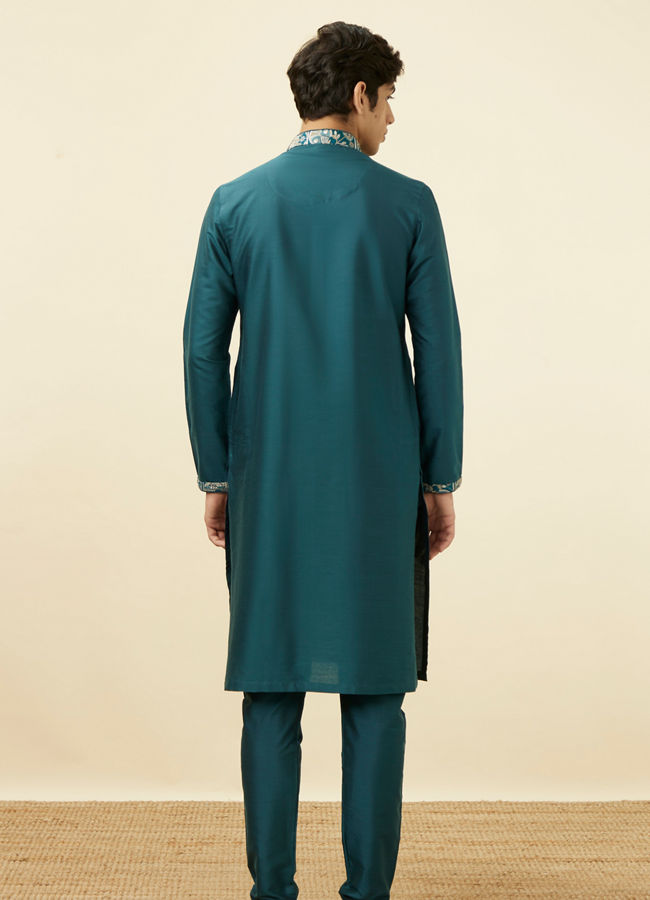 Manyavar Men Crystal Teal Blue Embroidered Neckline Kurta Set