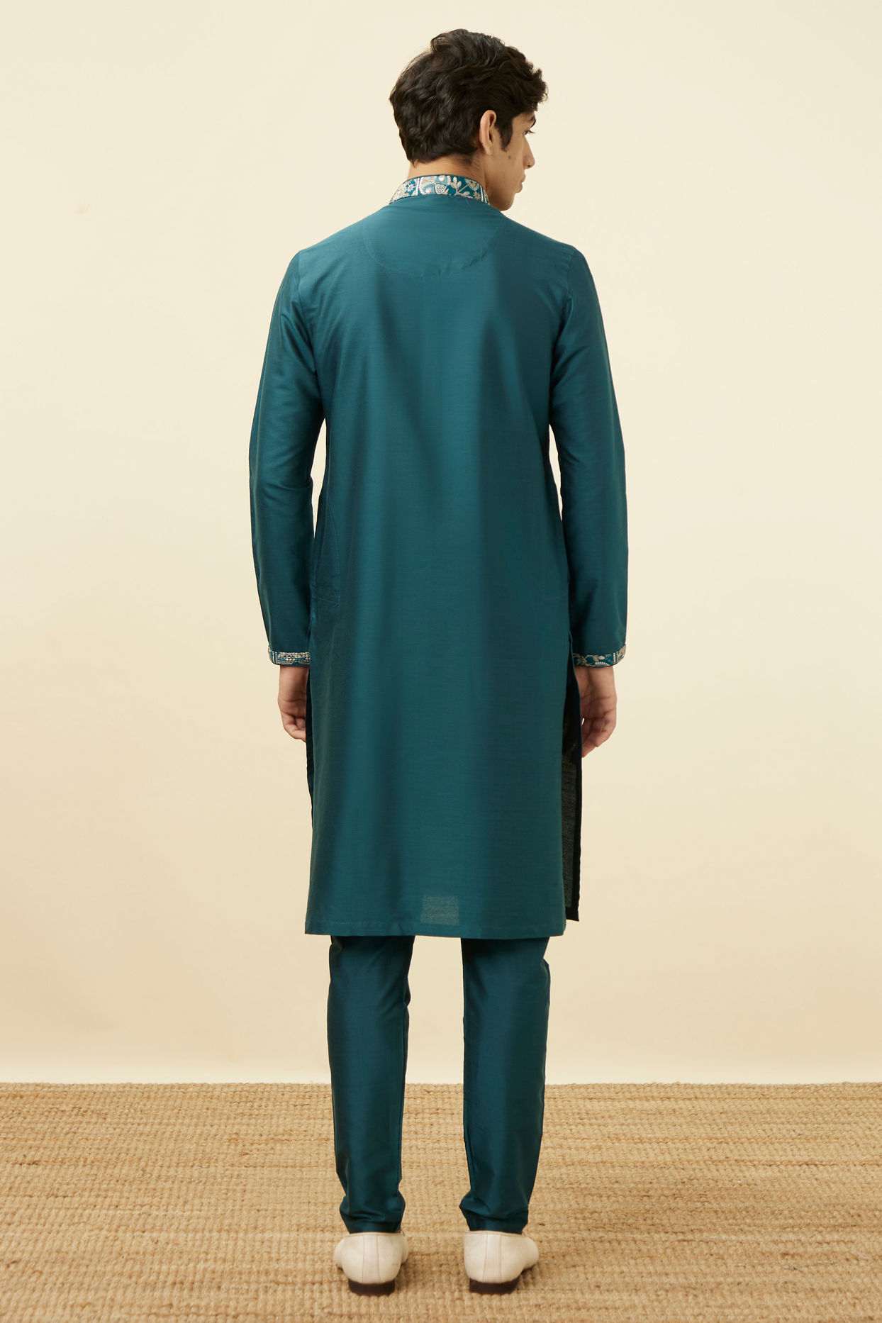 Manyavar Men Crystal Teal Blue Embroidered Neckline Kurta Set