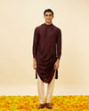 alt message - Manyavar Men Wine Red Drape Detailed Angrakha Kurta Set image number 2