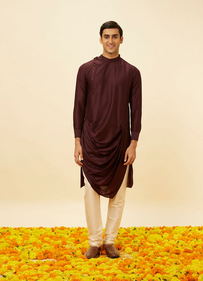 alt message - Manyavar Men Wine Red Drape Detailed Angrakha Kurta Set image number 2