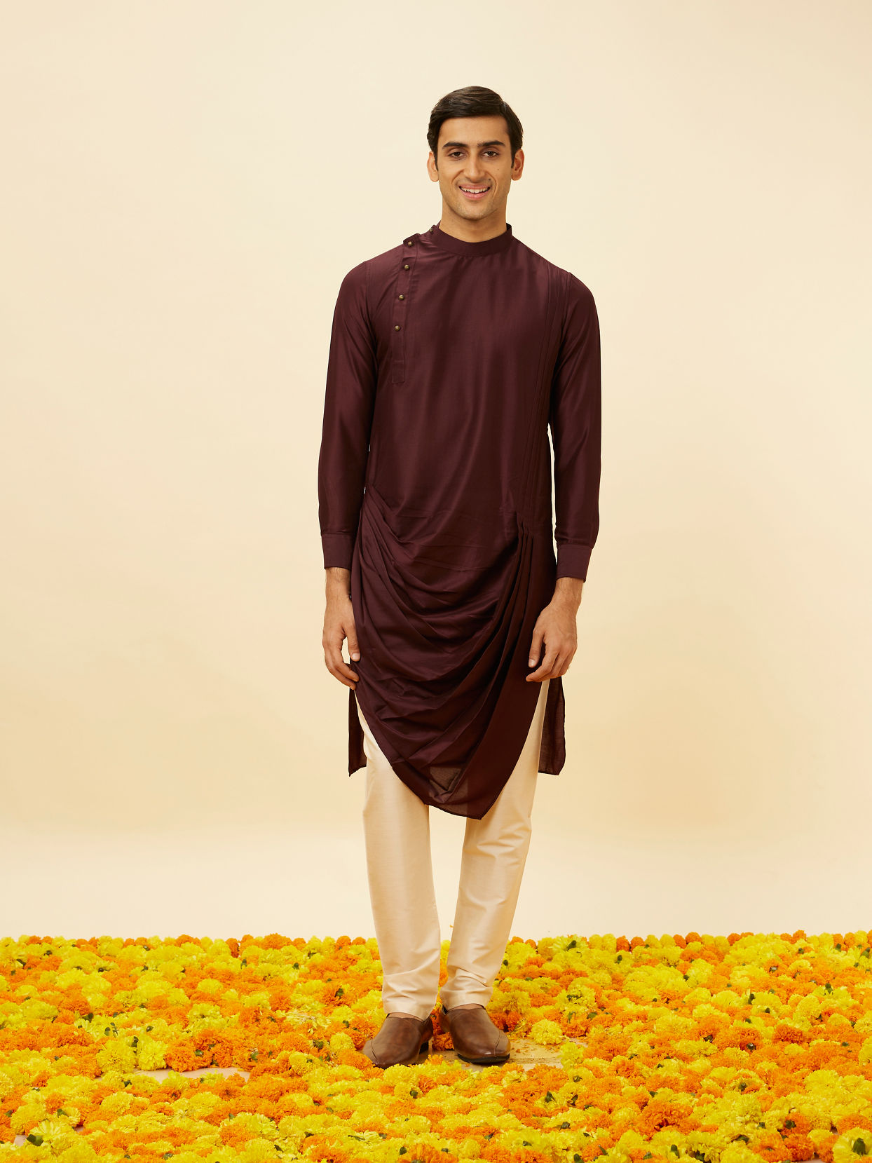 alt message - Manyavar Men Wine Red Drape Detailed Angrakha Kurta Set image number 2