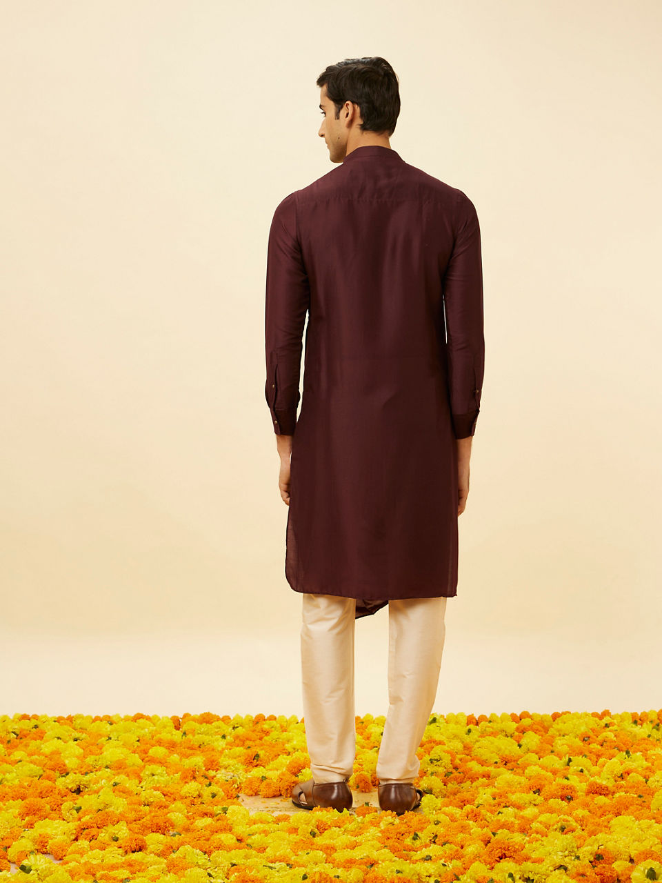 Manyavar Men Wine Red Drape Detailed Angrakha Kurta Set