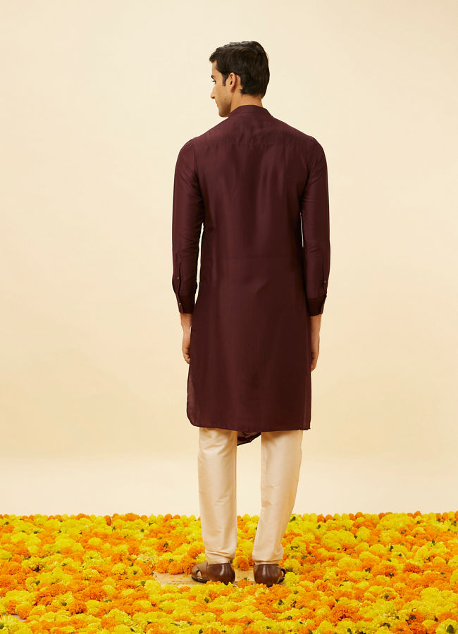 alt message - Manyavar Men Wine Red Drape Detailed Angrakha Kurta Set image number 5