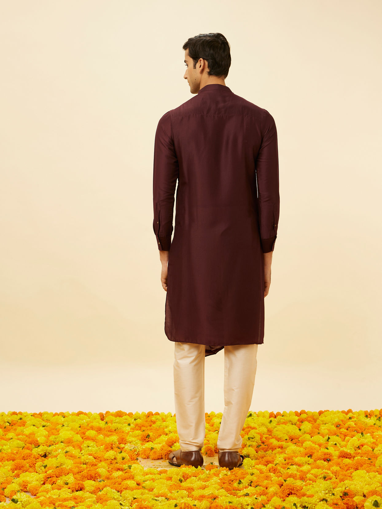 Manyavar Men Wine Red Drape Detailed Angrakha Kurta Set