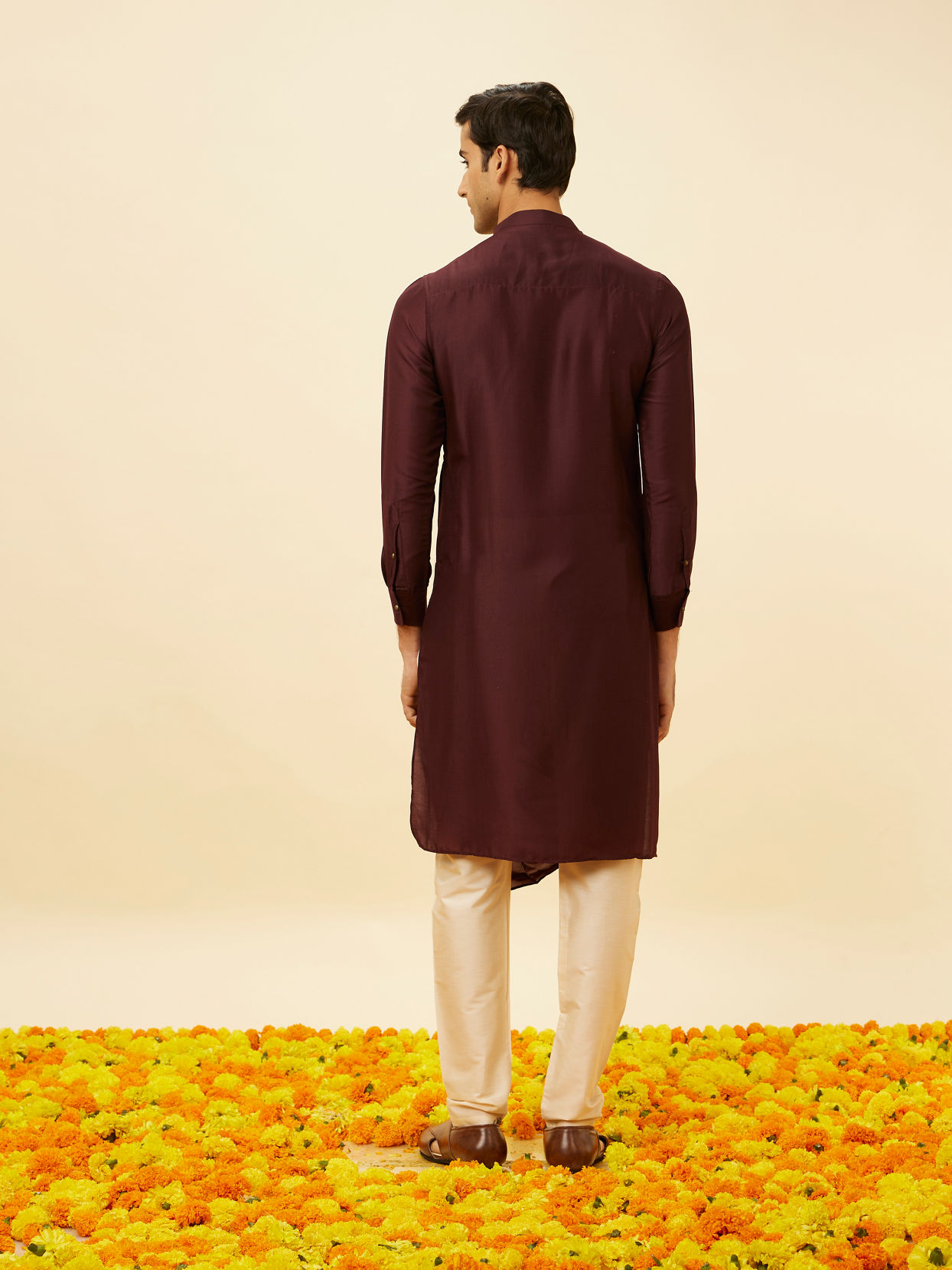 alt message - Manyavar Men Wine Red Drape Detailed Angrakha Kurta Set image number 5