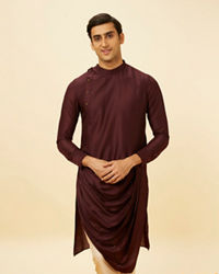 Manyavar Men Wine Red Drape Detailed Angrakha Kurta Set