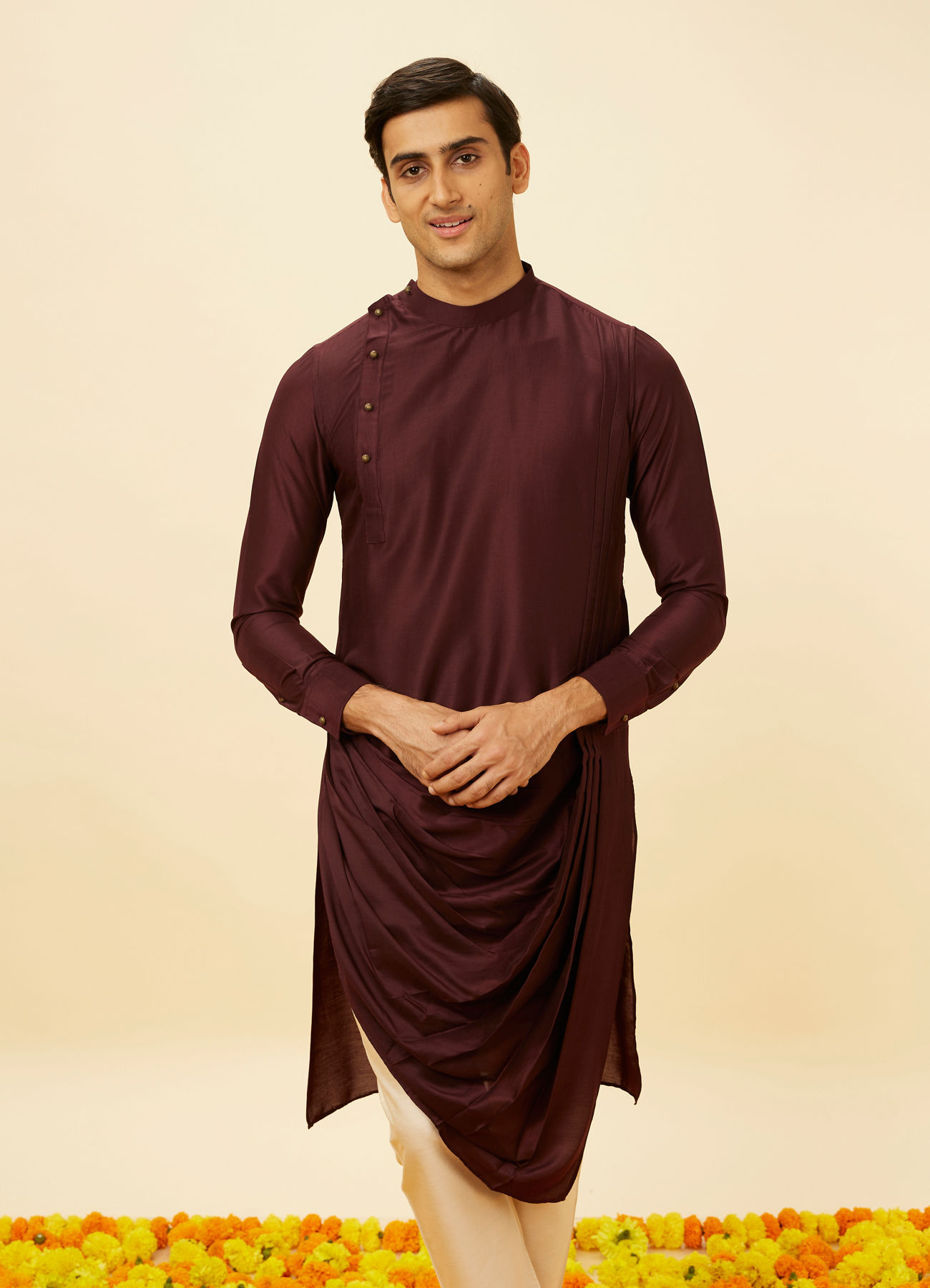 Manyavar Men Wine Red Drape Detailed Angrakha Kurta Set