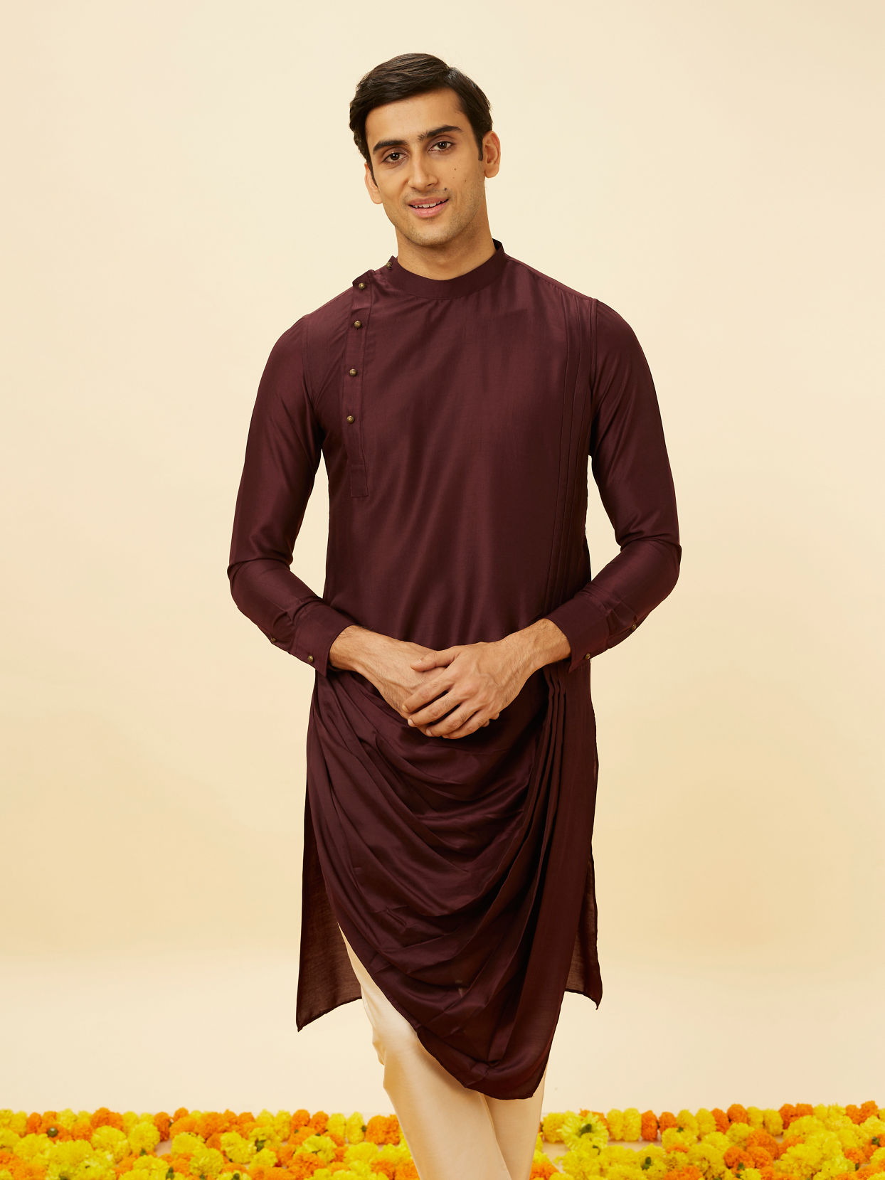 alt message - Manyavar Men Wine Red Drape Detailed Angrakha Kurta Set image number 0