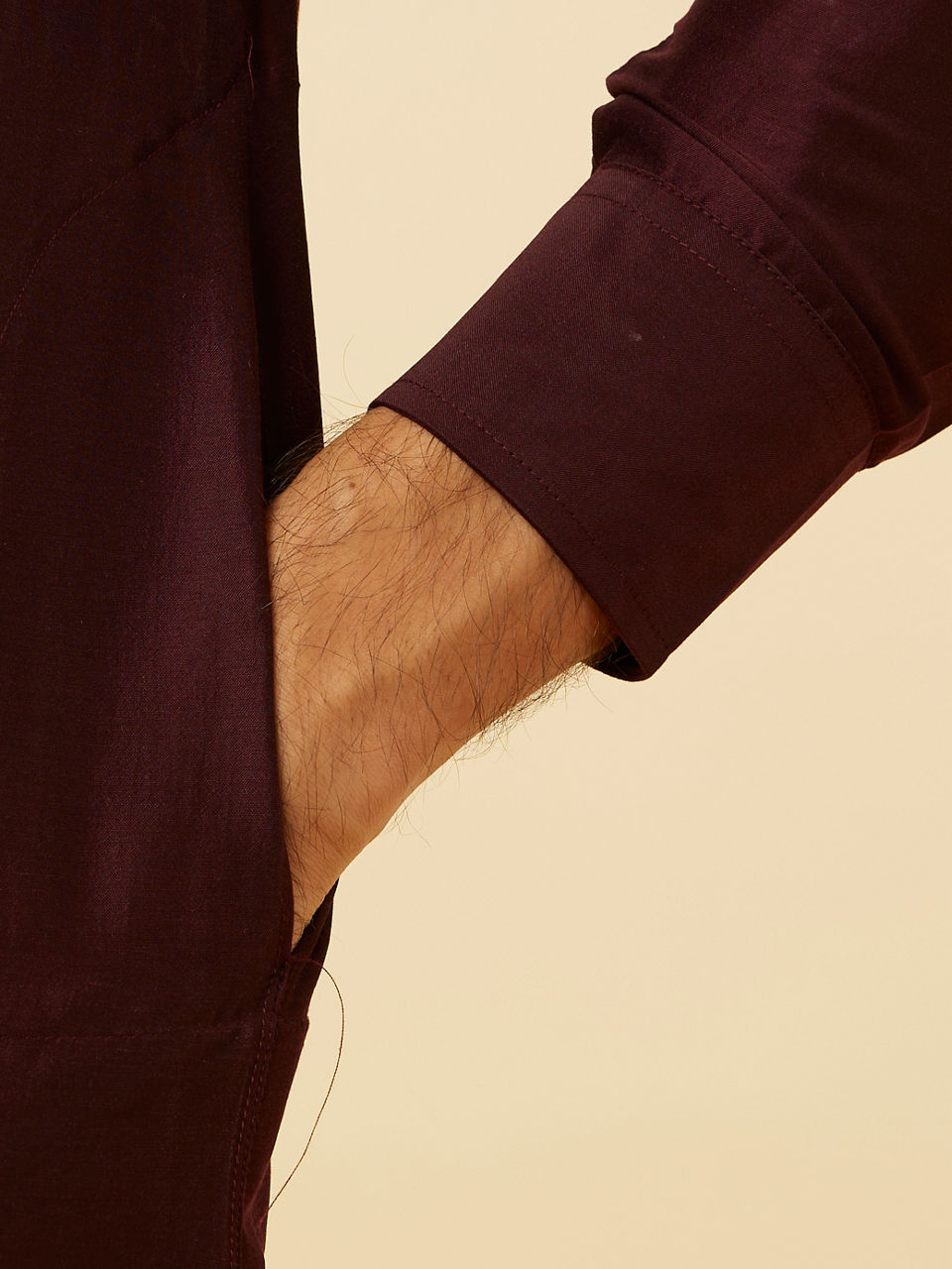 Manyavar Men Wine Red Drape Detailed Angrakha Kurta Set