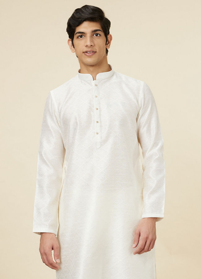 alt message - Manyavar Men Embellished Warm White Kurta Pajama image number 0