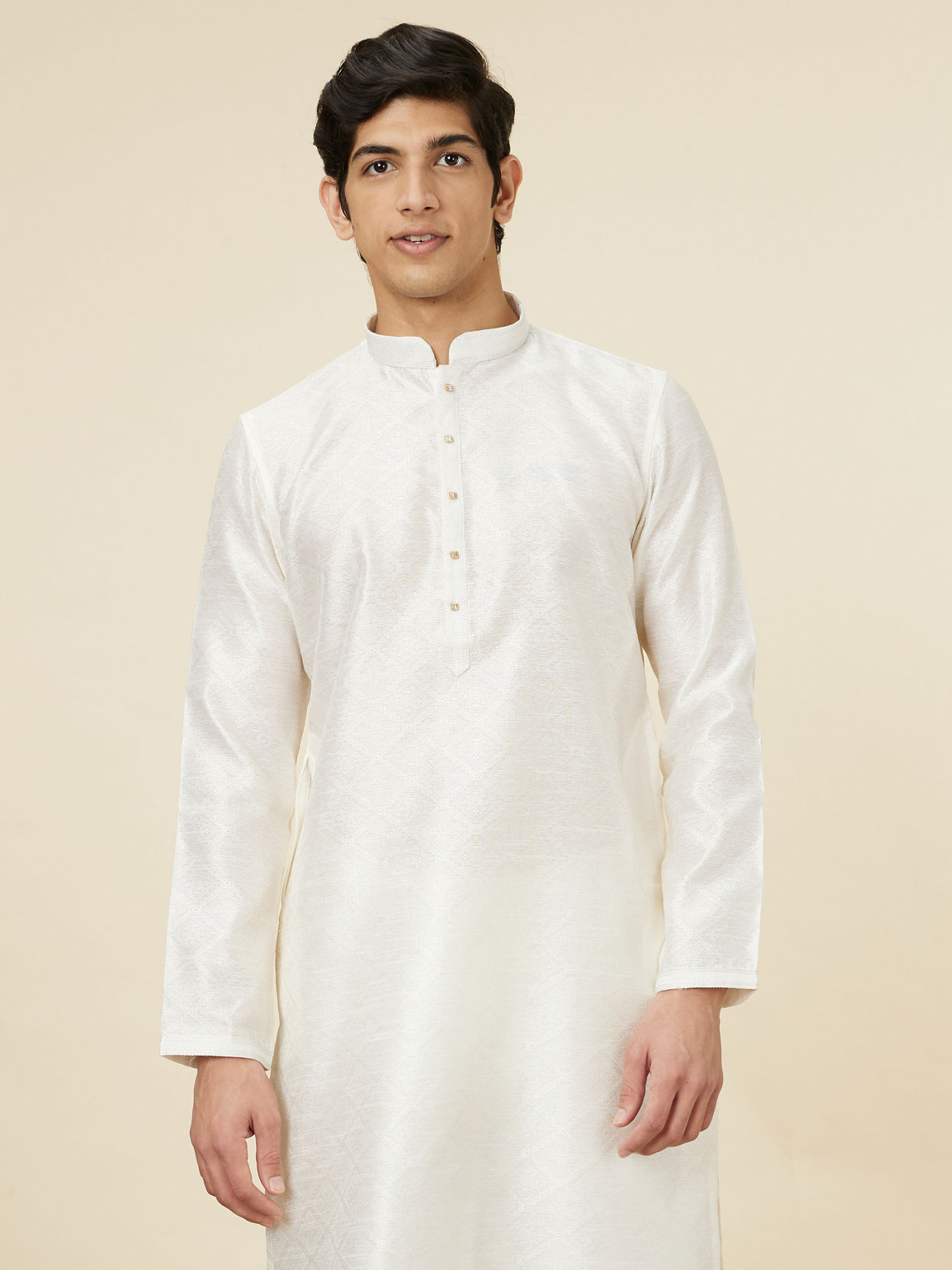 alt message - Manyavar Men Embellished Warm White Kurta Pajama image number 0