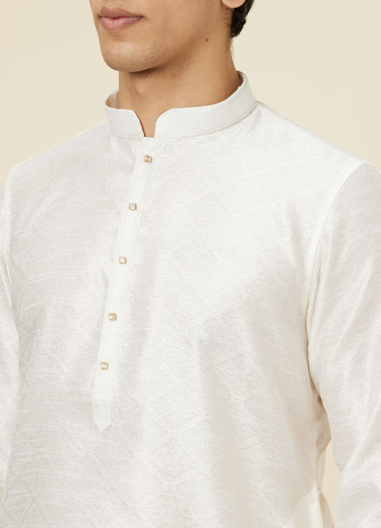 alt message - Manyavar Men Embellished Warm White Kurta Pajama image number 1