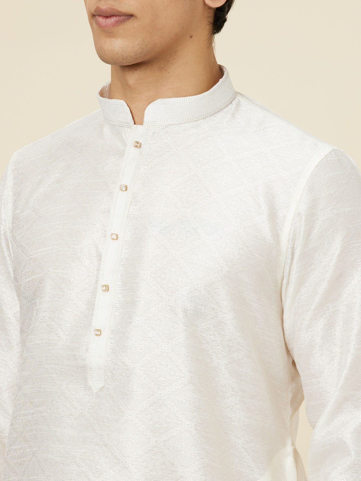 alt message - Manyavar Men Embellished Warm White Kurta Pajama image number 1