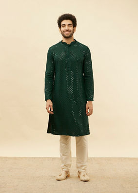 alt message - Manyavar Men Forest Green Chikankari Embroidered Sequined Kurta Set image number 2