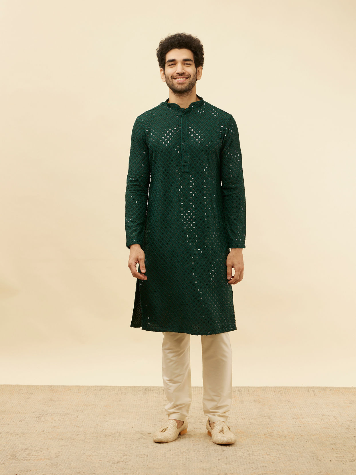 Manyavar Men Forest Green Chikankari Embroidered Sequined Kurta Set