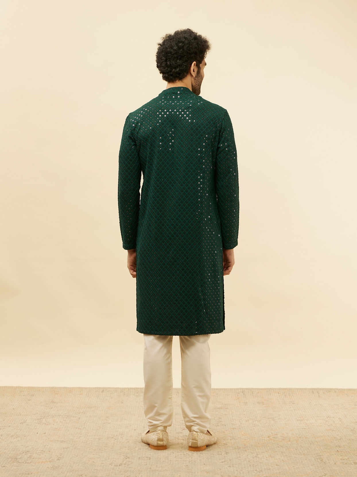 Manyavar Men Forest Green Chikankari Embroidered Sequined Kurta Set