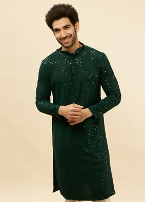 alt message - Manyavar Men Forest Green Chikankari Embroidered Sequined Kurta Set image number 0