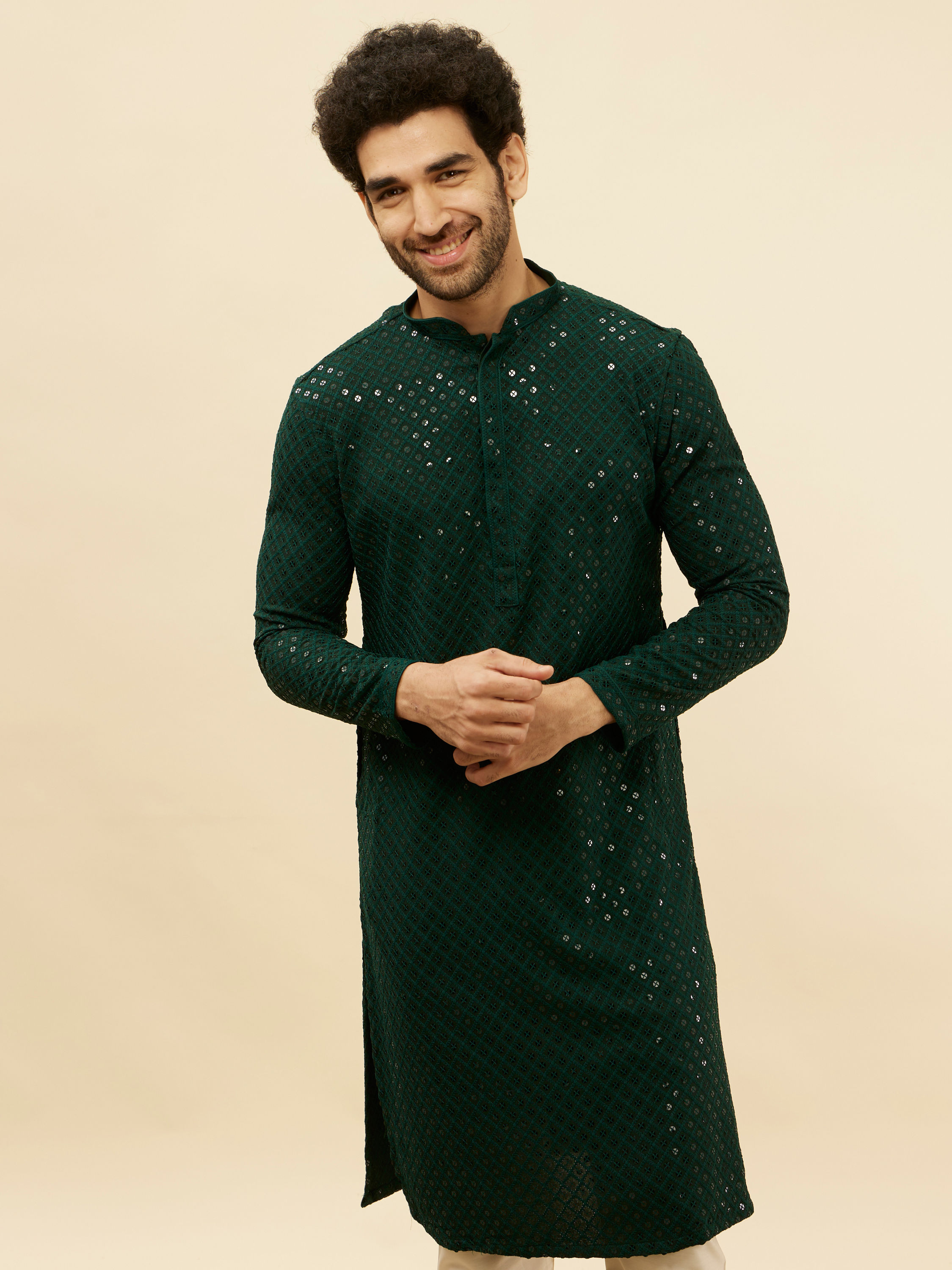 Manyavar Men Forest Green Chikankari Embroidered Sequined Kurta Set