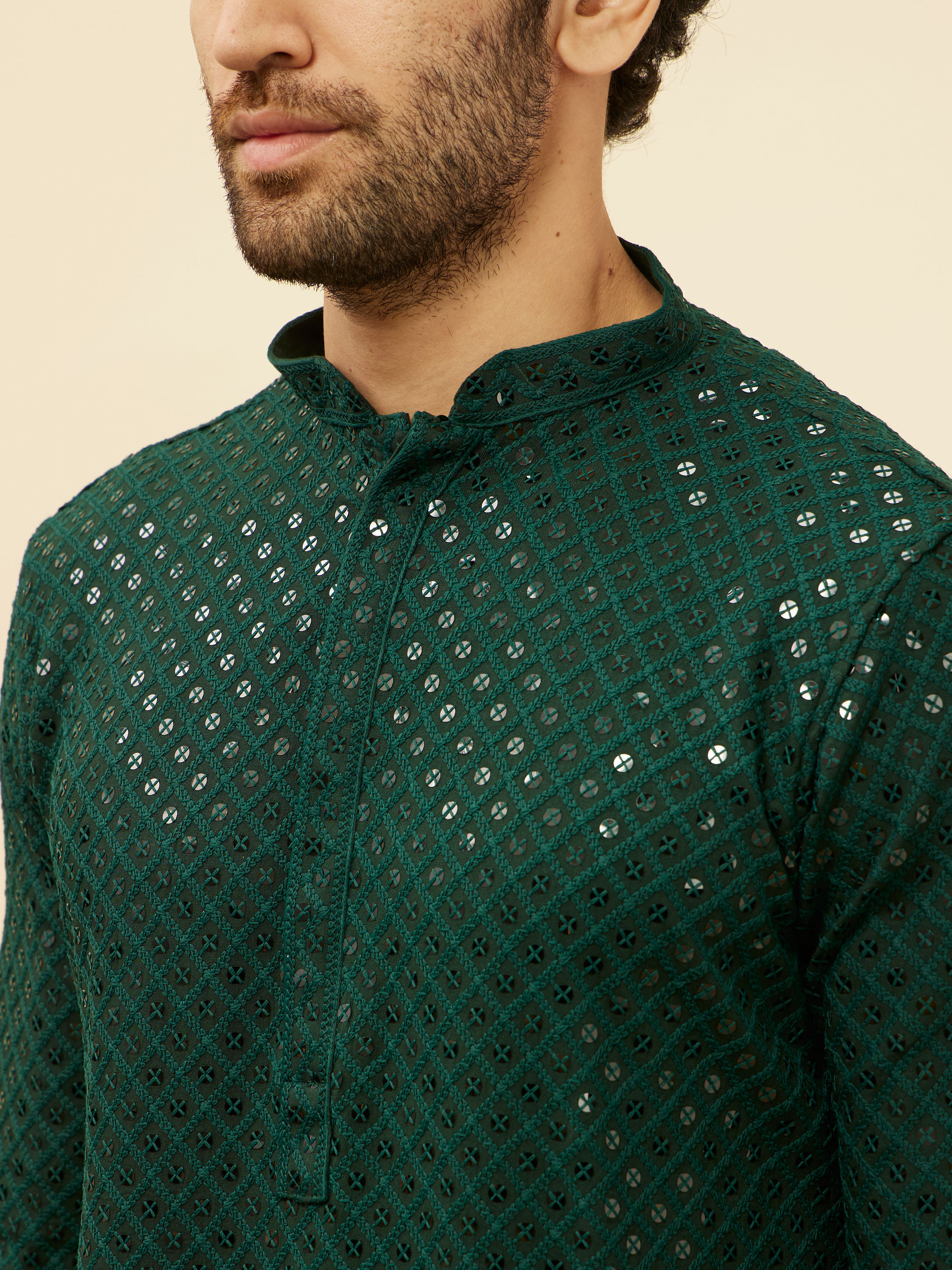 Manyavar Men Forest Green Chikankari Embroidered Sequined Kurta Set