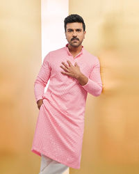 Manyavar Men Flamingo Pink Chikankari Embroidered Kurta Set