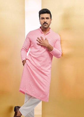 alt message - Manyavar Men Flamingo Pink Chikankari Embroidered Kurta Set image number 0