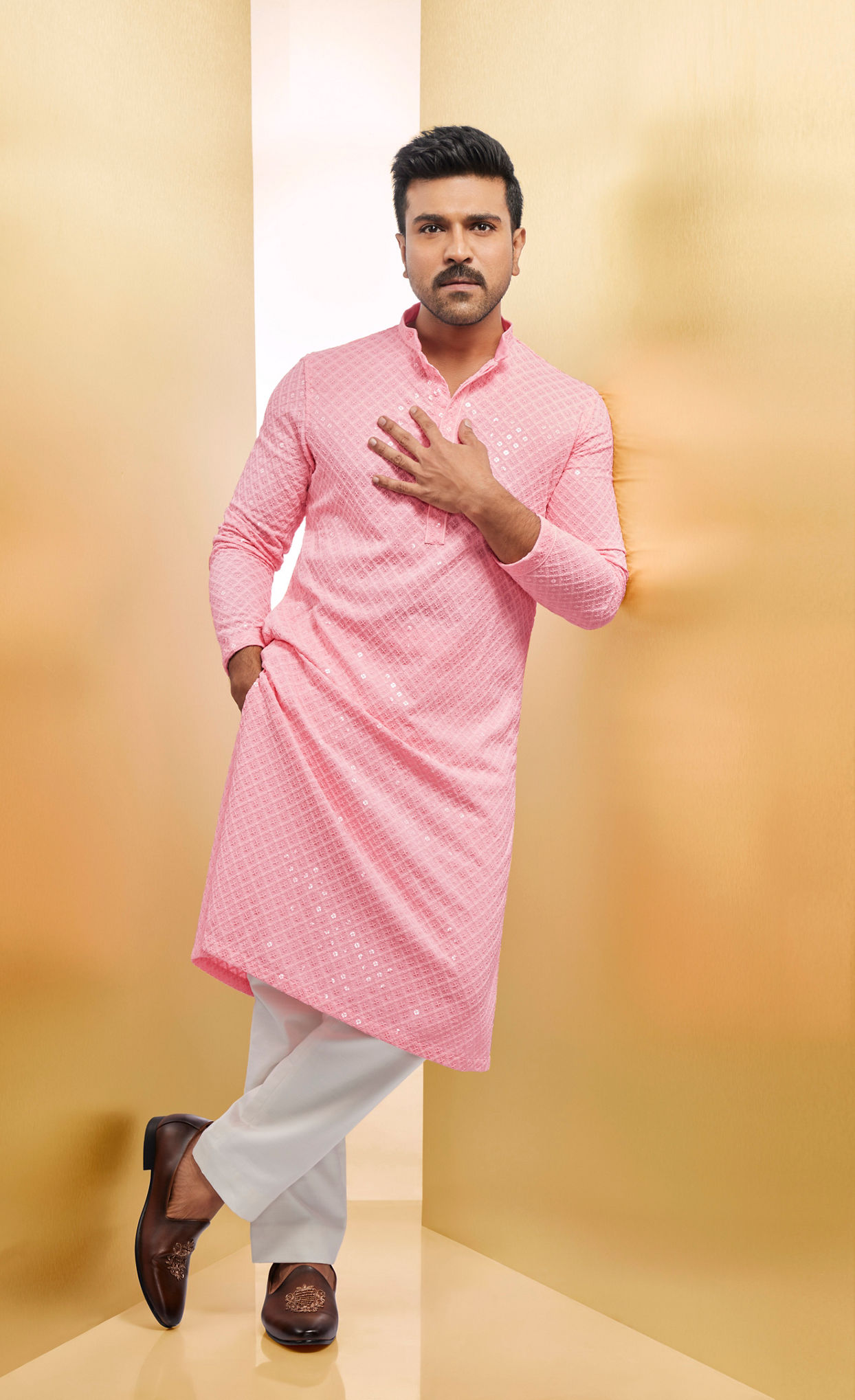 alt message - Manyavar Men Flamingo Pink Chikankari Embroidered Kurta Set image number 0