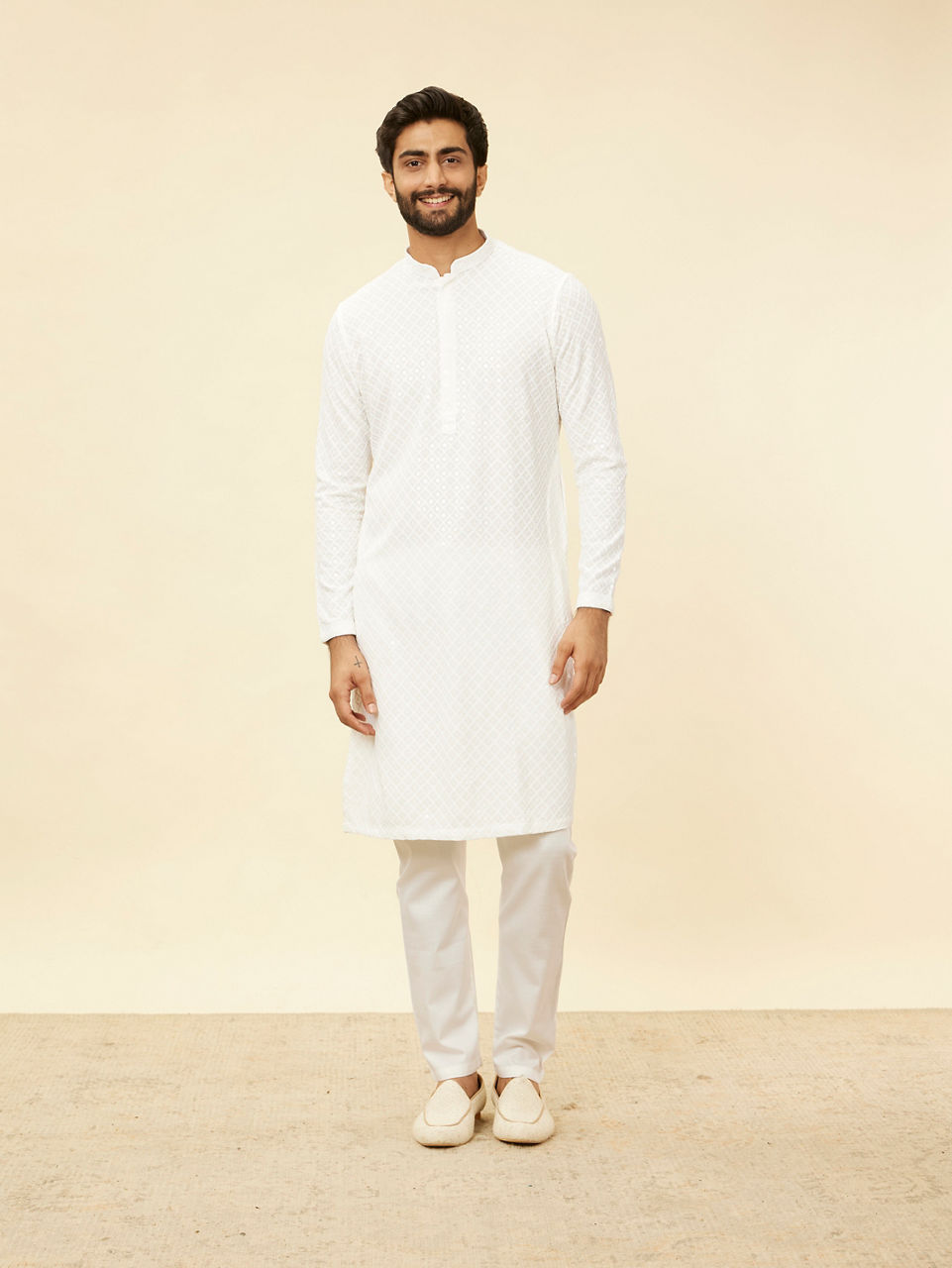Manyavar Men Star White Chikankari Embroidered Sequinned Kurta Set
