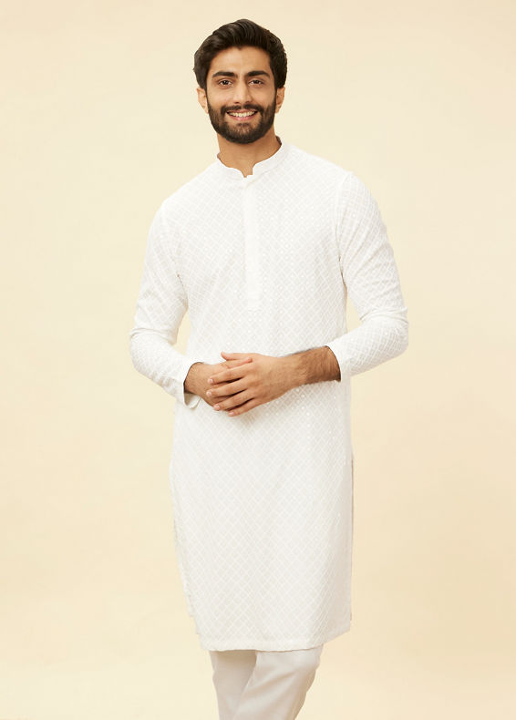 Manyavar Men Star White Chikankari Embroidered Sequinned Kurta Set