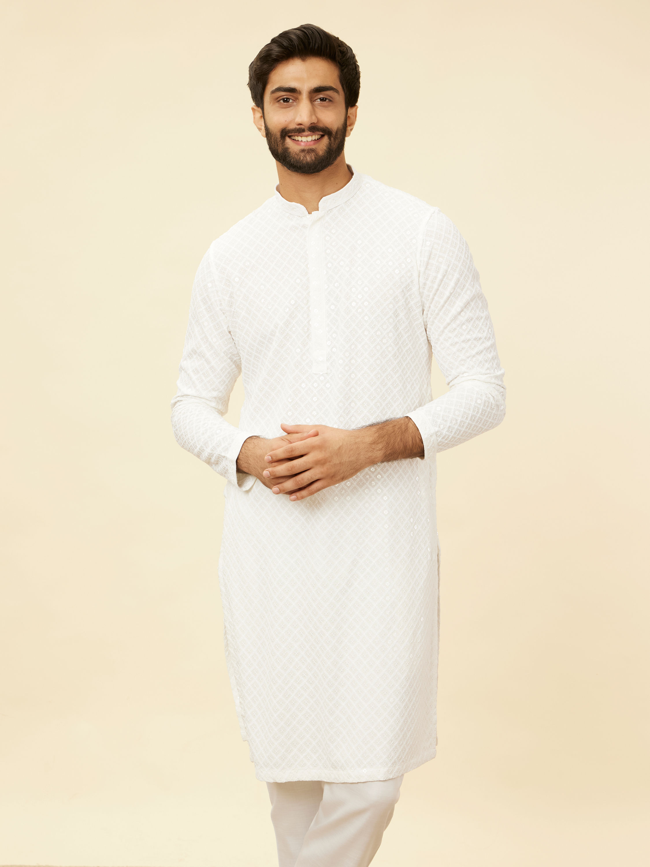 Manyavar Men Star White Chikankari Embroidered Sequinned Kurta Set