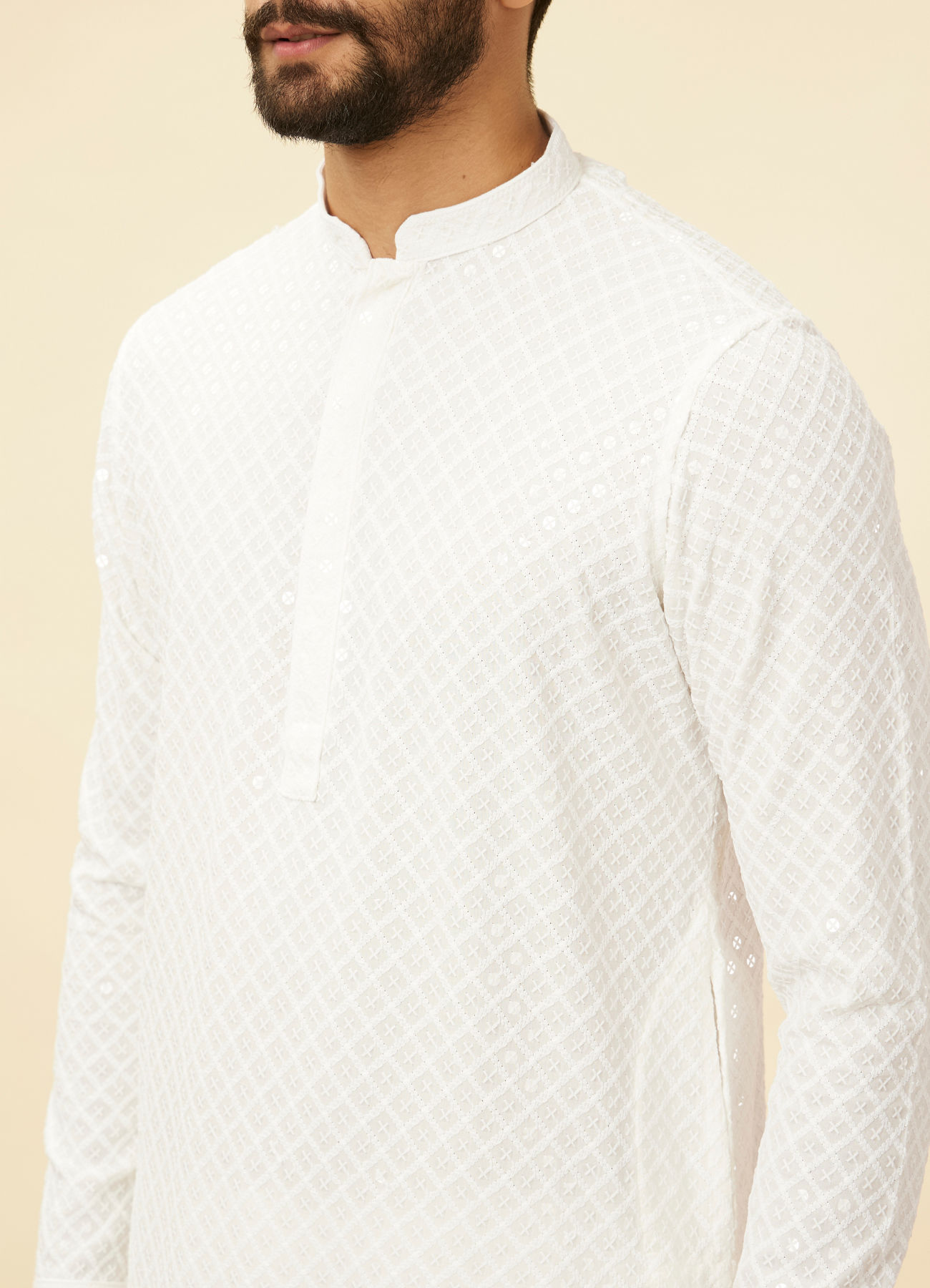 Manyavar Men Star White Chikankari Embroidered Sequinned Kurta Set