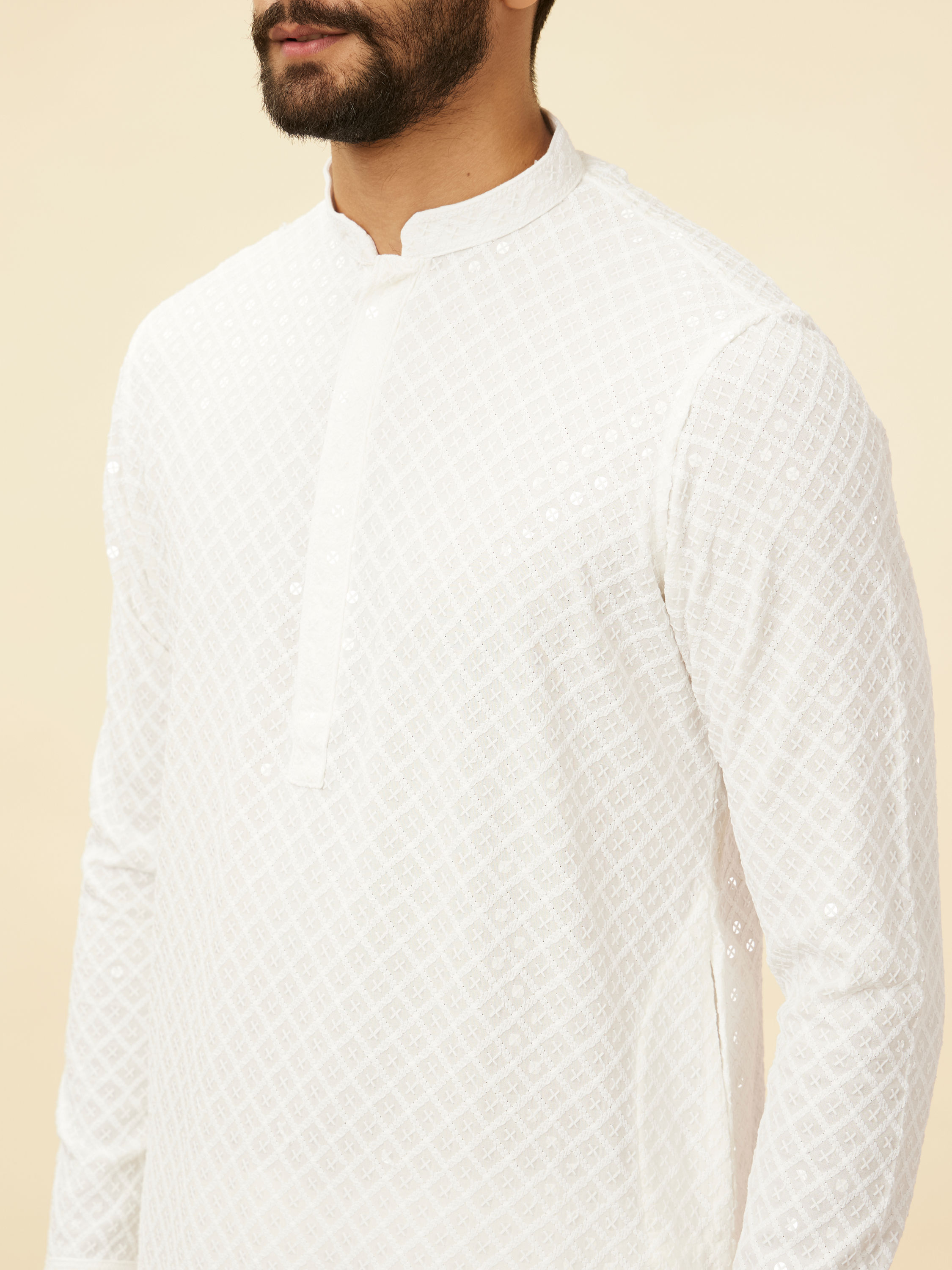 Manyavar Men Star White Chikankari Embroidered Sequinned Kurta Set