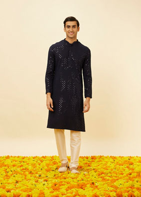 alt message - Manyavar Men Midnight Blue Sequined Kurta Set image number 2