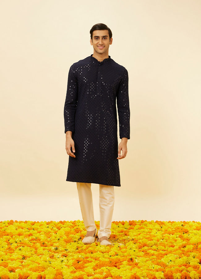 Manyavar Men Midnight Blue Sequined Kurta Set